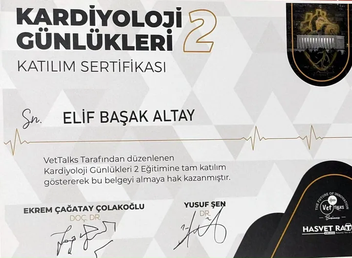 Katılım sertifikası: Kardiyoloji Günlükleri 2 – Vet. Hek. Elif Başak Altay