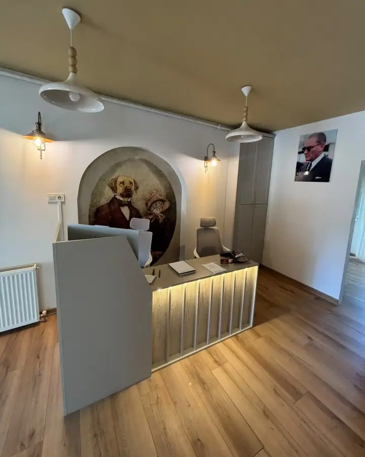 Karşılama bankosu; arkada köpek ve kedi portreli kemerli duvar