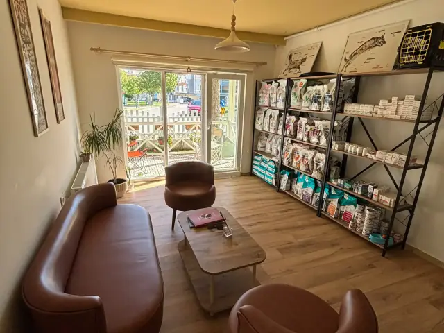 Bahçeye açılan kapısıyla gün ışığı alan bekleme salonu, koltuklar ve reçeteli mama rafları
